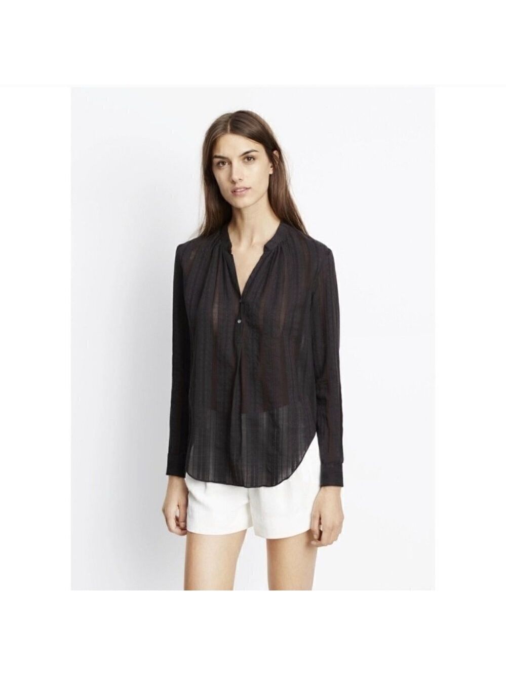 Vince | Shirred Neck Long Sleeve Blouse In Dobby Weave
